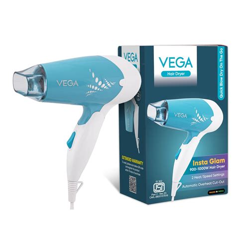 Vega Insta Glam Foldable 1000 Watts Hair Dryer for Men and Women with 2 ...