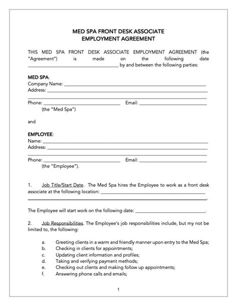 Medical Spa Front Desk Associate Employment Contract Template | Med Spa ...