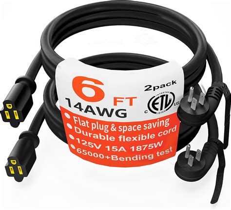 HUANCHAIN 14 Gauge 6 Feet (2 Pack) Flat Plug Extension Cord Black ...