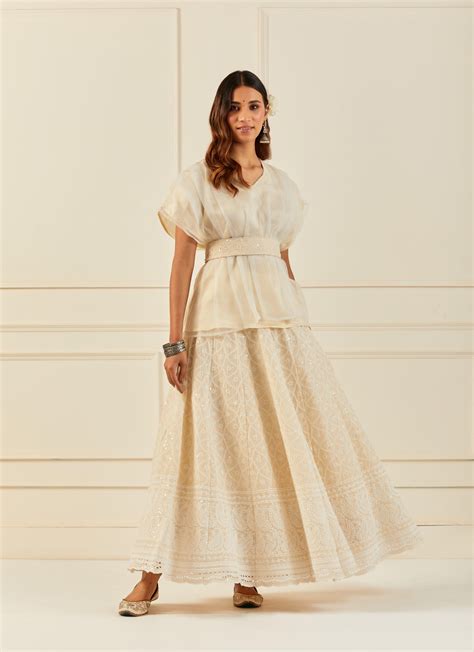 Cream Chikankari Lehenga Set With Kaftan Top – Geroo Jaipur