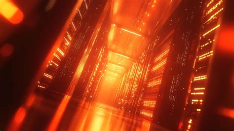 A futuristic server room with rows of servers glowing in red light ...