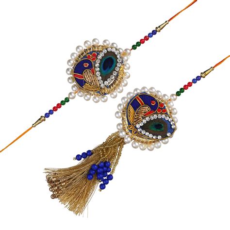 eCraftIndia Beautiful Peacock and Pearls Designer Bhaiya Bhabhi Rakhi