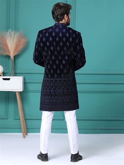 Navy Blue Resham Embellished Mens Indo Western with Pant – DC Fashion