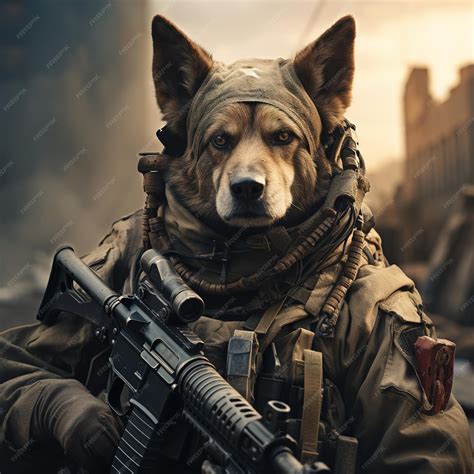 A dog with a gun and a dog in a military uniform with a gun in his hand ...