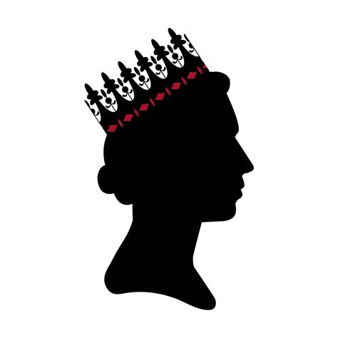 Black silhouette of Queen Elizabeth with the crown on white background. Side view of Queen of ...