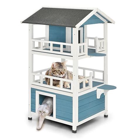 Buy Tangkula Outdoor Cat House Wooden, 2-Story Outside Cat Shelter ...