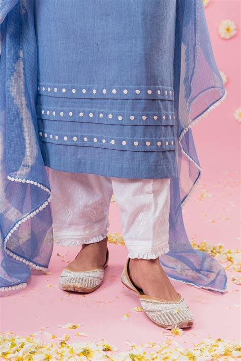 Cornflower blue handloom cotton angrakha kurta with dori embroidery – Sohni