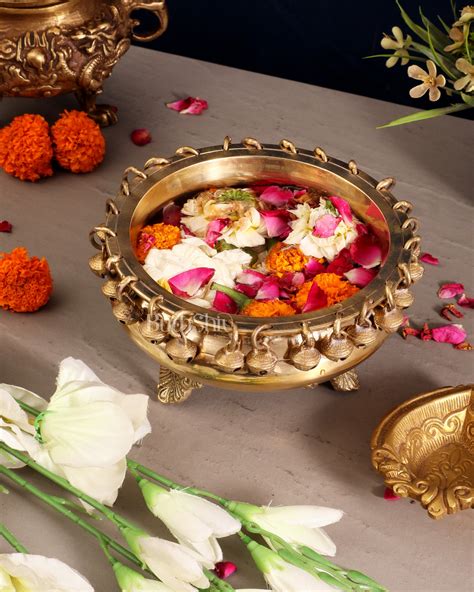 Budhshiv.com Pure Brass Urli with Stand and Ghunghroos 8"