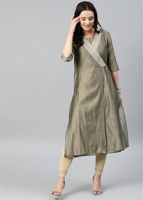 Get Embroidery Detail Grey Angrakha Kurta With Slip at ₹ 1999 | LBB Shop