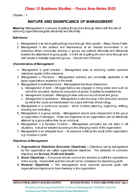 Class 12 BS Focus Area Notes 2022: Management Concepts & Principles ...