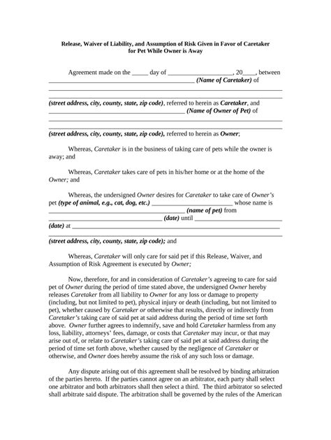 Pet Care Liability Waiver Agreement - Blank Fillable Template | Fill ...