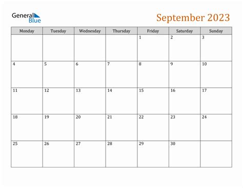 September 2023 Generic Monthly Calendar - Monday Start