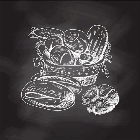 Ręka starodawny szkic styl zestaw piekarnia wiklinowy kosz z chlebem ...