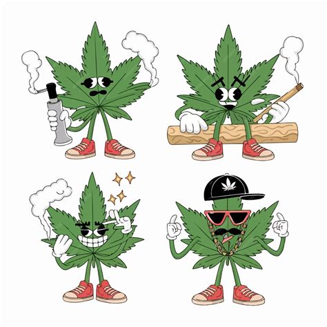 Funny Marijuana Leaf Cartoon Characters Raster Hand Drawn Collection ...
