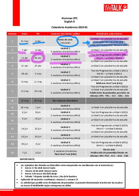 E0 Calendario Académico Alumnos UPC 2025-01: Sesiones y Evaluaciones ...