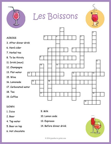 A crossword puzzle for French students to help learn drink related ...