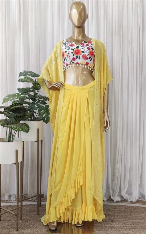Sapna Yellow Embroidered Crop-Top & Draped Skirt Co-ord Set