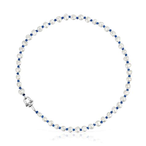45 cm blue nylon and silver Necklace with cultured pearls TOUS ...