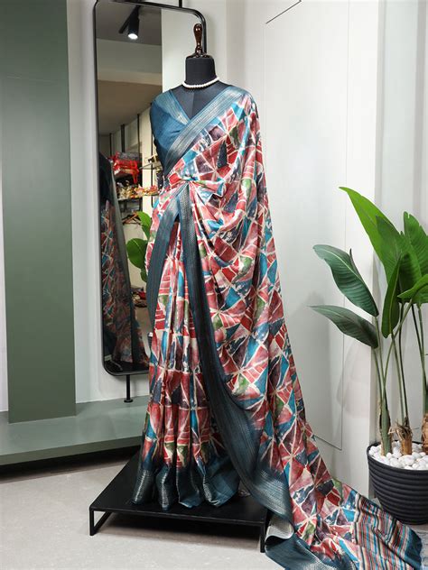 Teal Color Printed With Zari Border Dola Silk Saree - Cloths