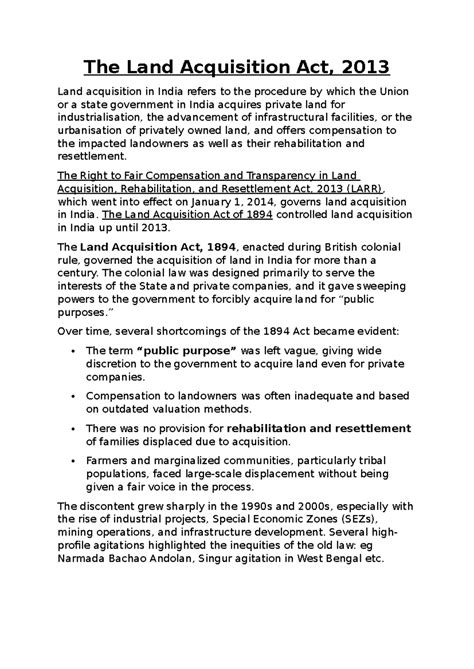 Land Acquisition Act, 2013: Key Provisions and Impacts in India - Studocu