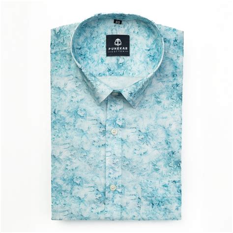Sky Blue Leaf Printed Wool Cotton Shirt For Men – Punekar Cotton