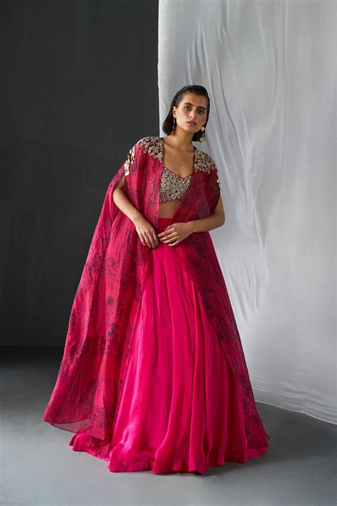 Fuchsia & Black Embroidered Blossom Cape Lehenga Set – Bhumika Sharma