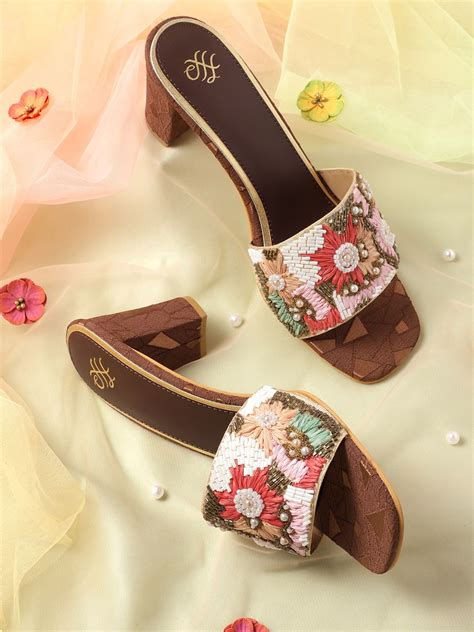 House of Pataudi Women Woven Design Ethnic Block Heels with Embellished ...