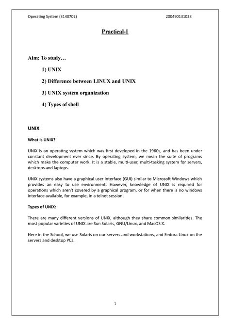 OS Practical list - Practical- Aim: To study... 1) UNIX 2) Difference ...