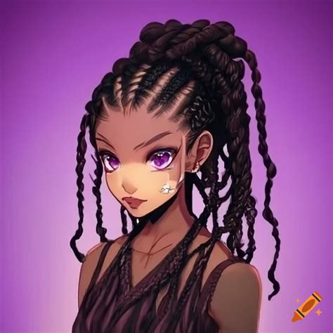 Anime black girl with curly braided hair and purple eyes on Craiyon