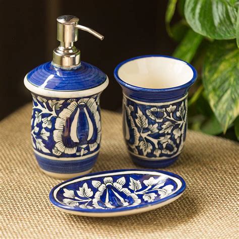 ExclusiveLane Floral Mughal Handpainted 3 Piece Ceramic Bathroom ...