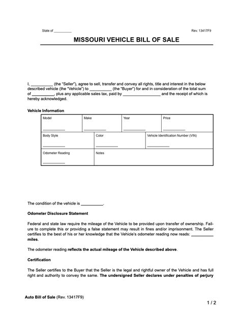 Free Missouri Vehicle Bill of Sale Form | PDF & Word