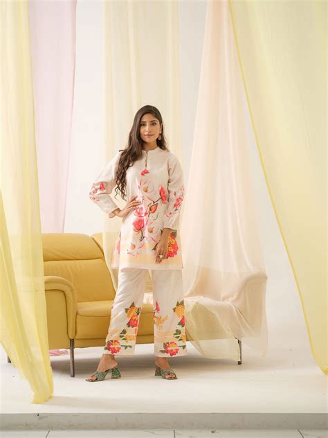 White & Orange Mandarin Collar Printed Tunic Palazzos – Buy Best Ethnic ...