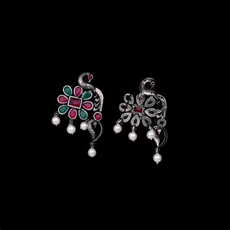 Multicolored Stone Studded Peacock Motif Stud Earrings With Hanging Pe ...