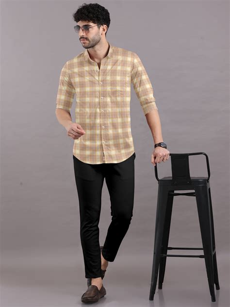 BISCOTTI CREAM WITH WHITE CHECK FORMAL COTTON SHIRT