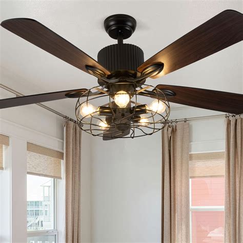 Industrial Caged Ceiling Fan Light with Remote Control 52 Inch Vintage ...