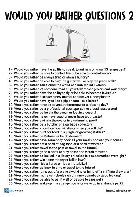 60 free printable would you rather questions - ESL Vault | Would you ...