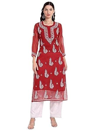 Seva Chikan Hand Embroidered Lucknawi Chikankari Red Georgette Straight ...