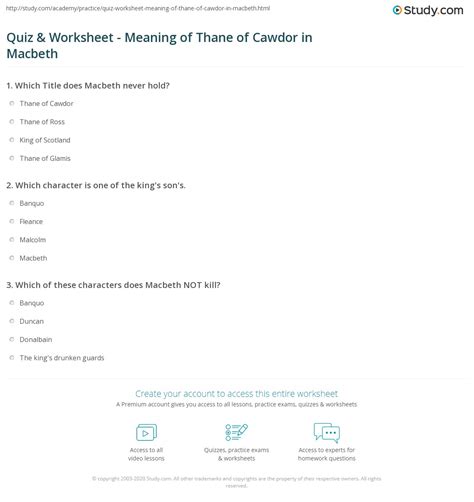 Quiz & Worksheet - Meaning of Thane of Cawdor in Macbeth | Study.com