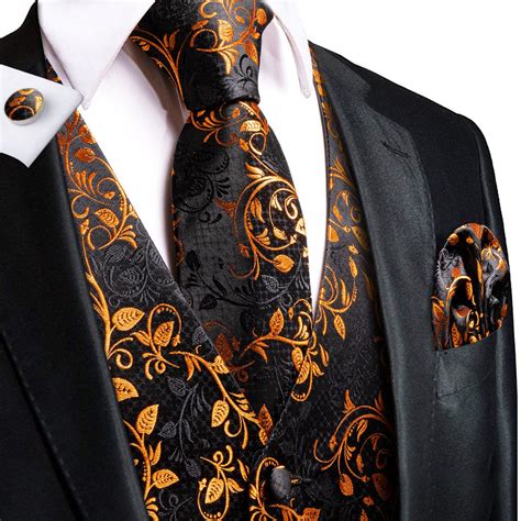 Ties2you Vest for Men Black Golden Floral Vest Tie Hanky Cufflinks Set ...