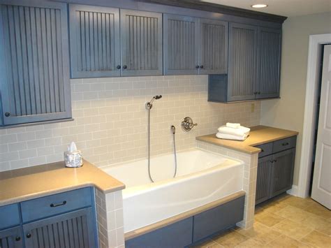 Neat idea - blue painted craftsman cupboards, tub like a farmer's sink ...
