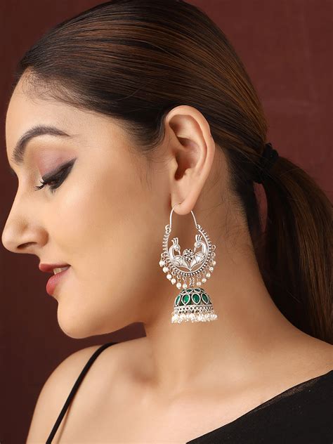 Priyaasi Silver-plated peacock Design Jhumkis Bhutta Earrings with enc