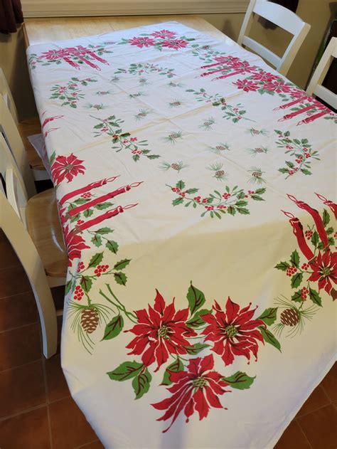 Vintage Christmas Tablecloth 52x60 Poinsettia Red Candles - Etsy