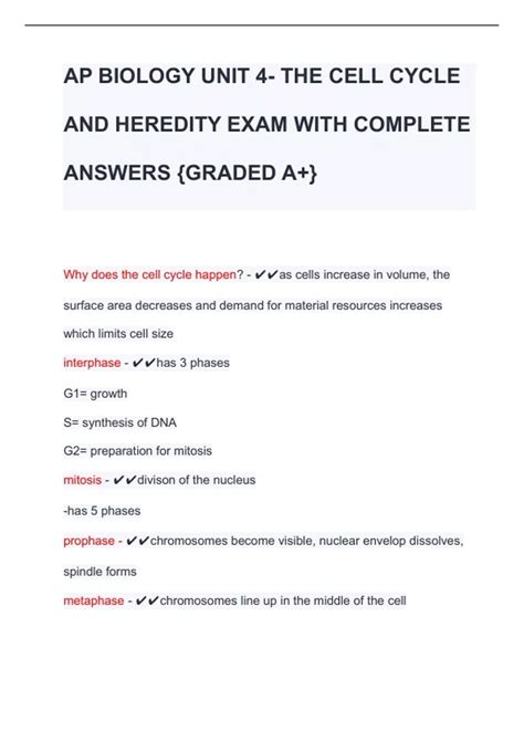 AP BIOLOGY UNIT 4- THE CELL CYCLE AND HEREDITY EXAM WITH COMPLETE ...