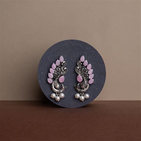 Baby Pink Stone Studded Peacock Motif Stud Earrings With Hanging Pearl ...