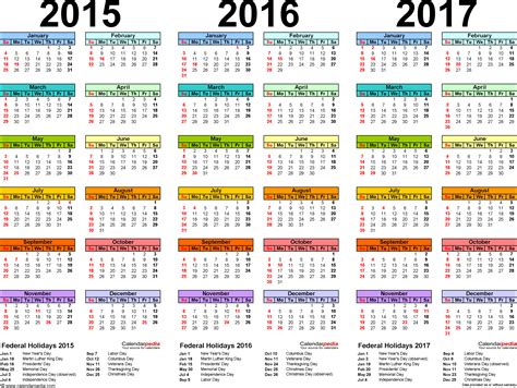 2015/2016/2017 calendar - 4 three-year printable Word calendars