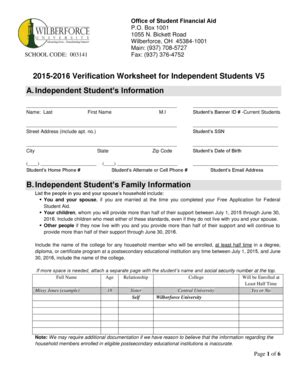 Fillable Online wilberforce 2015-2016 Verification Worksheet for ...