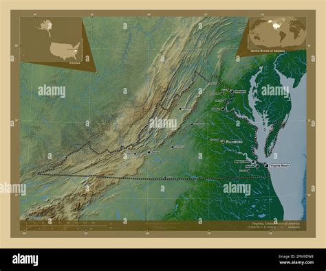 Virginia, state of United States of America. Colored elevation map with ...