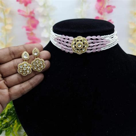 JCM Jewellery Gold Plated Crystal Stone And Pearls Choker Necklace Set ...