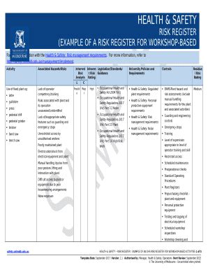 Example of an OHS risk register for workshops Doc Template | pdfFiller