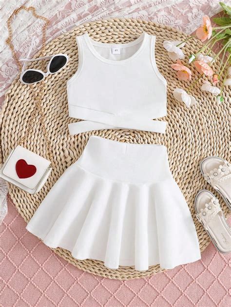 Young Girl Solid Colored Vest And Skirt Set | SHEIN USA
